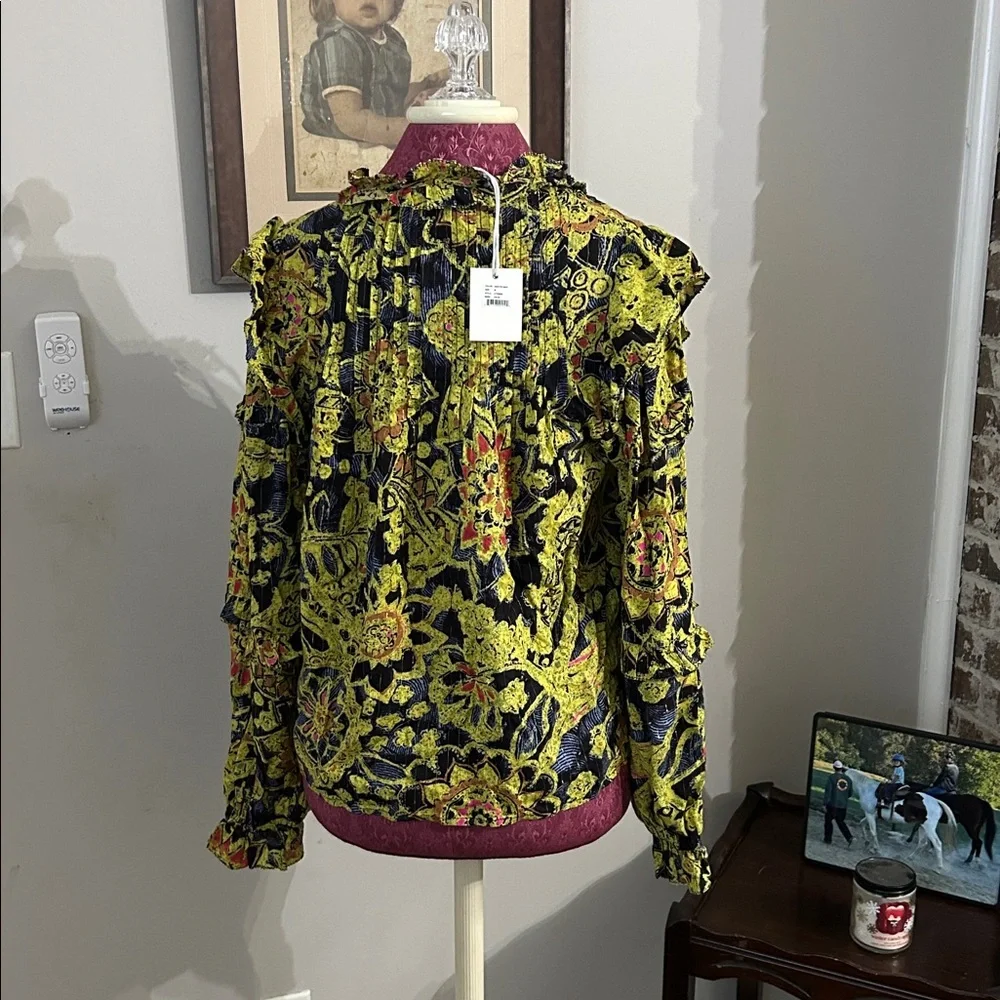 Floral Ruffle Women's Top - Yellow and Blue - Picture 2 of 6